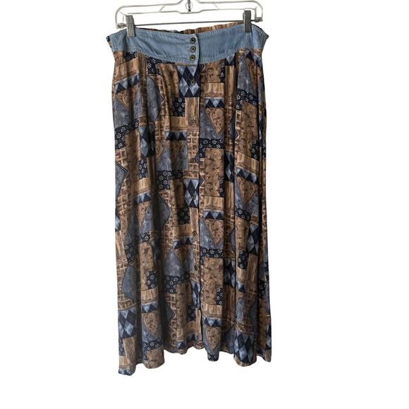 Vintage Capacity Skirt Western Cottage Large Patchwork Print Button Maxi 90s - Picture 1 of 8